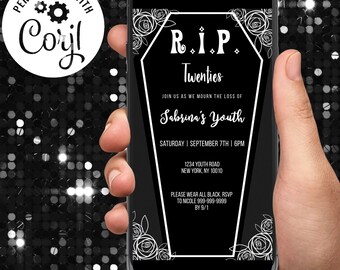 Invitación a fiesta de cumpleaños de los 20, invitación de los años veinte, muerte a la juventud, muerte a sus 20, invitación de cumpleaños número 30, plantilla digital