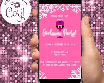 Invitación rosa para una noche de chicas en Navidad: Texto editable, invitación digital (descarga digital)