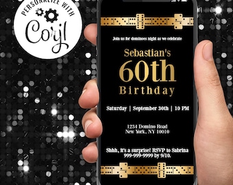 Plantilla de invitación digital de cumpleaños con temática de dominó, dorada y negra. Edita el texto tú mismo. Descarga digital instantánea.