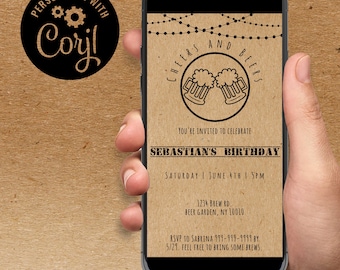 Men's Minimalist Rustic Birthday Digital Electronic downloadable Cheers and Beers Invitation Corjl Template
