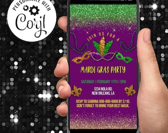 Plantilla de invitación para teléfono inteligente editable electrónica digital con tema de fiesta de Mardi Gras
