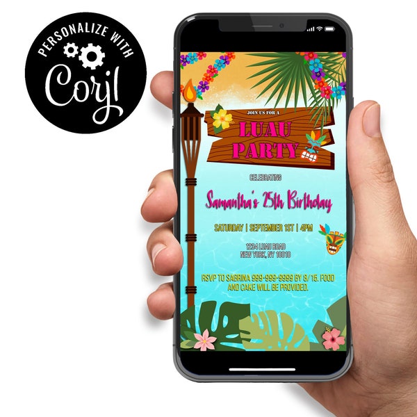 Luau Hawaiian Invitation Digital Electronic Text Editable Corjl Template Instant Download