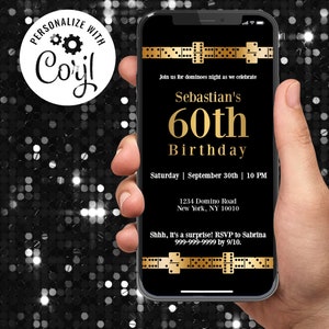 Modelo de convite digital de aniversário com tema dominó, dourado e preto, edite o texto você mesmo, download digital instantâneo