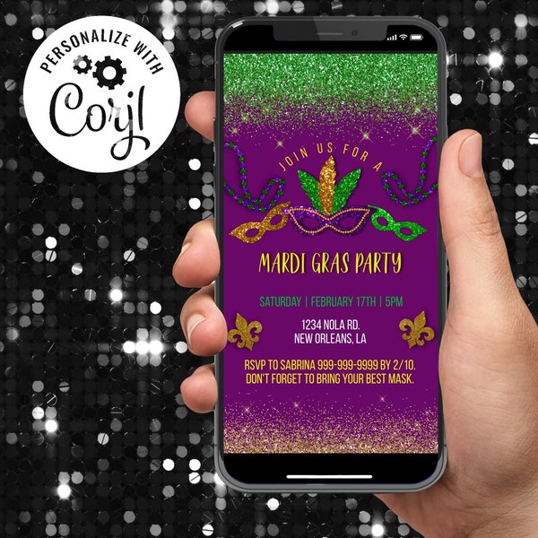Modèle d'invitation pour smartphone modifiable électronique numérique sur le thème de la fête du Mardi Gras