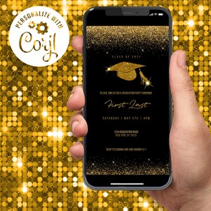 Graduation Invitation, Gold and Black, Graduation Announcement Party,  Invitation Digital Electronic Instant Downloadable Corjl Template