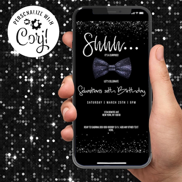 Surprise Birthday Party Digital Electronic Invitation Template for Men. Black Bowtie 40th 50th 60th or Any Age Instant Download