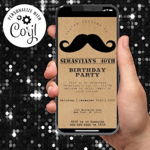 Faire-part d'anniversaire pour homme, faire-part moustache, modèle d'invitation numérique, papier kraft, corjl