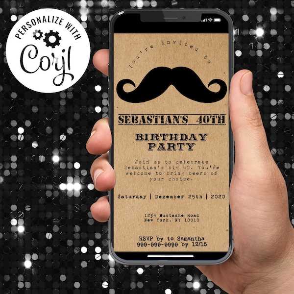 Mens Birthday Invitation , Mustache Invitation, Digital Invitation Template, Kraft Paper, Corjl