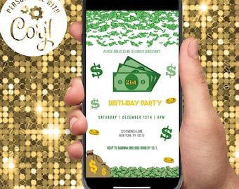 Plantilla de invitación descargable electrónica digital para fiesta de cumpleaños con tema de dinero para hombres