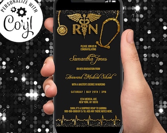 Invitación de graduación de enfermería dorada y negra: Fiesta de enfermeras (Invitación con texto DIY)