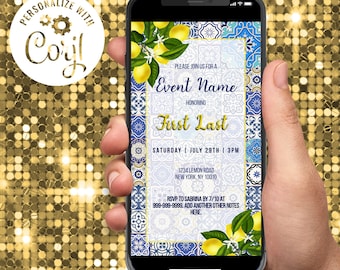 Plantilla de invitación para baby shower con limón: Azulejos mediterráneos azules (digital)