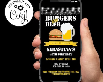 Invitación de cumpleaños para hombres de Burgers & Beer: Plantilla digital (descarga instantánea)