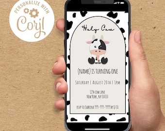 Invitación de cumpleaños de la vaca santa, plantilla de invitación temática de la vaca, invitación digital del tema de la vaca, vaca bebé linda, arco boho, descarga digital