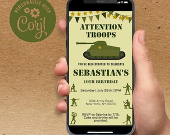 Plantilla de invitación digital del tema militar del ejército, fiesta de cumpleaños del ejército, editar texto usted mismo, descarga instantánea