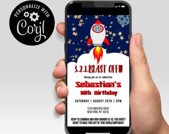 Invitación de cumpleaños con forma de cohete, edítala tú mismo, plantilla para smartphone (descarga digital)