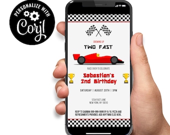 Invitación de coche de carreras, Fórmula 1 Red Car, F1, Two Fast, Fast One, Cualquier edad, Edite el texto usted mismo, Plantilla de invitación, Descarga digital instantánea