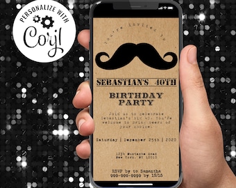 Mens Birthday Invitation , Mustache Invitation, Digital Invitation Template, Kraft Paper, Corjl