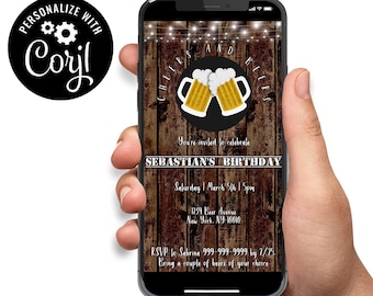 Cheers and Beers Birthday Invitation, Rustic Mens Invite (Digital)