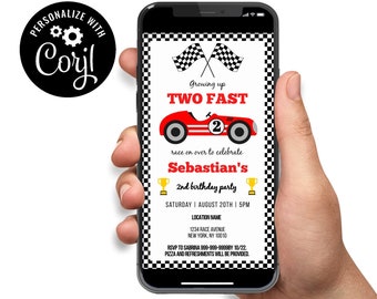 Retro Race Car Birthday Invitation, Editable Text, Two Fast, Fast One, Any Age, Car-Theme, Instant Digital Download
