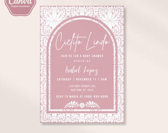 Plantilla de invitación para baby shower Cielito Lindo rosa, temática mexicana, Fiesta Baby, Baby Sprinkle, Cumpleaños, Papel Picado, Plantilla Canva