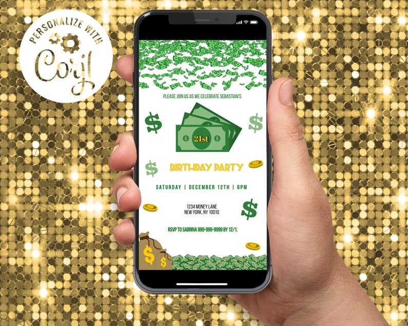 Money Theme Birthday Party Digital Electronic Downloadable Invitation ...