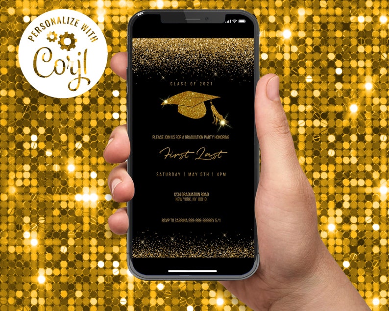 Graduation Invitation, Gold and Black, Graduation Announcement Party, Class of 2024, Digital Electronic, Instant Downloadable Corjl Template image 1