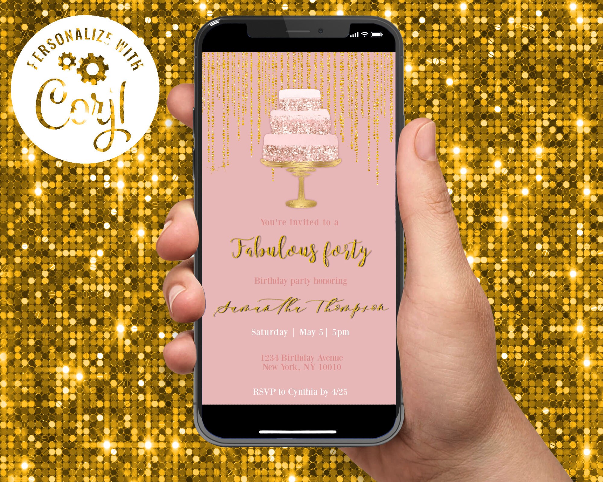 Pink and Gold Birthday Invitation Digital Template Instant - Etsy