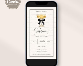 Champagne Coupe Birthday Invitation, Digital Invitation Template, Black Bow, Bubbly, Martini, Birthday Brunch, Adult Birthday, Canva Edit