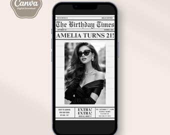 Newspaper Birthday Invitation Template, Editable Text, Evite, Electronic Digital Invitation, Retro, Vintage, Canva Template, Edit Yourself
