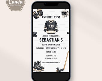 Hockey Birthday Invitation Template, Ice Hockey Editable Evite, Text Mobile, Sports Theme, Kid's Birthday, Canva Template, Digital Download