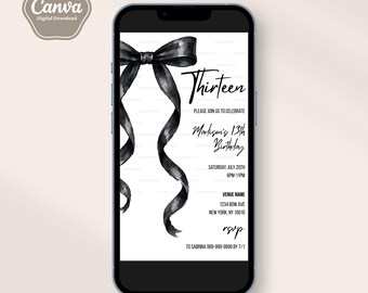 黒いリボンの招待状、コケットリボン、水彩リボン、13歳の誕生日招待状、ティーン向け、編集可能なテンプレート、テキスト、スマートフォン用Evite、デジタル