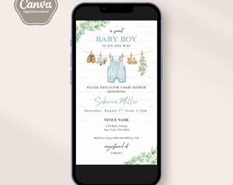 男の子向けベビーシャワー招待状、かわいい男の子、デジタル招待状テンプレート、水彩画、吊り下げられたベビー服、編集可能なテキスト、デジタルダウンロード