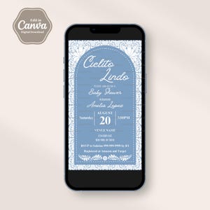 Könnte beinhalten: Eine Babyparty-Einladung, die auf einem Smartphone-Bildschirm angezeigt wird. Die Einladung hat ein blaues Bogendesign mit weißen floralen Akzenten und dem Text "Cielito Lindo" und "Baby Shower". Details umfassen Datum, Uhrzeit und RSVP-Informationen.