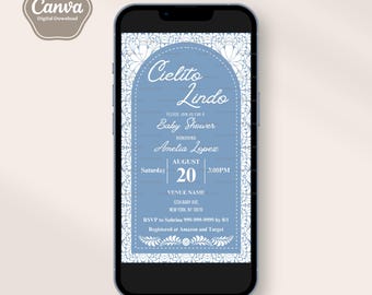 Cielito Lindo Baby Shower Invitation, Blue Cielito Lindo Invitation Template, Editable Text, Electronic, Evite, Digital, Mexican, Canva File