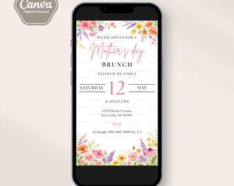 Mother's Day Floral Brunch Invitation, Editable Invitation Template, Text, Mobile, Evite, Watercolor Florals, Garden, Canva File
