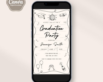 Invitación de graduación estilo doodle, plantilla Evite dibujada a mano, texto, estilo retro, minimalista, fiesta de graduación de último año.
