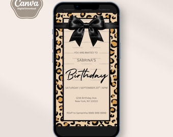 Leopard Print Birthday Invitation, Coquette Bow, Glam Black Bow, Wild One, Invitation Template