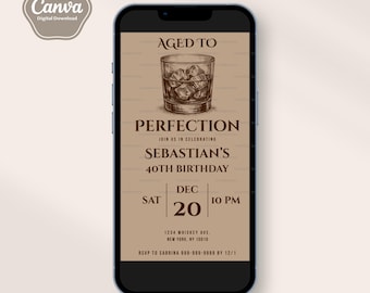 Plantilla de invitación de cumpleaños para hombre, invitación a fiesta de whisky Bourbon, añejada a la perfección, cumpleaños importante, editable digitalmente, papá, esposo