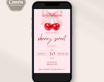 Plantilla de invitación de cumpleaños Cherry Sweet, Cherry Pink Coquette, lazo de acuarela, estilo retro, invitación de texto, editable, archivo de descarga digital