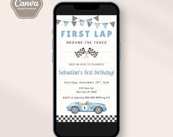 Race Car Invitation Template, Blue Vintage Watercolor Race Car, 1st Bday Party, Two Fast, Digital Invitation, Fast One, Canva, Editable Text