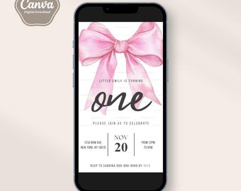 ピンクのリボン付き誕生日招待状テンプレート、コケットテーマ、編集可能なテキスト、水彩リボン、1歳の誕生日、デジタルダウンロードファイル