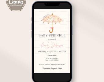 Baby Sprinkle Invitation Template, Floral Umbrella Baby Shower, Evite, Digital Invitation, Text, Watercolor, Neutral Tones, Girl, Canva