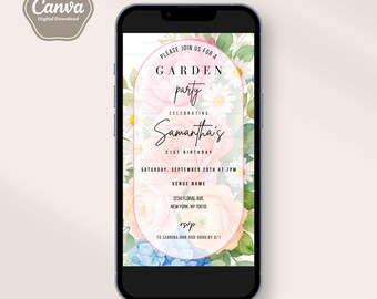 Plantilla de invitación para fiesta de cumpleaños en el jardín, evento con temática floral, flores silvestres, tonos pastel, colorido, acuarela, archivo de invitación digital electrónico