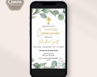 デジタル初聖体拝領招待状、緑の聖体拝領、テキストテンプレート、編集可能、男の子、洗礼、デジタルダウンロードファイル