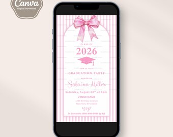 ピンクのリボン付き卒業パーティー招待状、デジタル編集可能なテキスト、Coquette Evite、シック、女の子向け、ミニマリスト、デジタルダウンロードファイル