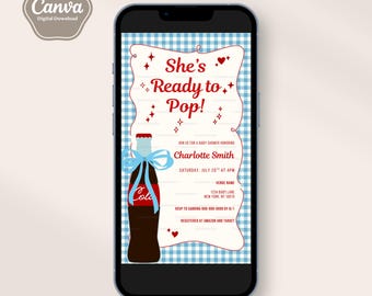 She's Ready to Pop Baby Shower Invitation, Editable Text, Invitation Template, Soda Pop, Retro, Baby Sprinkle, Canva Template