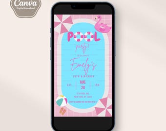 Pool Party Invitation Template, Pink Pool Birthday Party, Kids Swimming Party, Summer, Canva Evite, Mobile Text Evite, Digital File