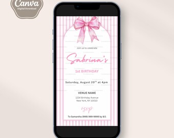 ピンクのリボンの誕生日招待状、水彩画風のリボン、ピンクのストライプ、ベビーシャワー、ティーンの誕生日、ボヘミアン、ガーリー、テキスト招待状、Canvaテンプレート