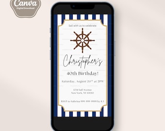 Nautical Birthday Invitation Template, Editable Text Evite, Canva Template, Boy, Girl, Man, Blue and White Stripes, Coastal, Yacht, Cruise