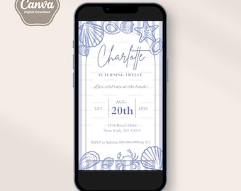 Blue Seashell Invitation Template, Coastal Evite, Beach Party Invitation, Editable, Electronic Cellphone Text, Preppy, Sprinkle, Bridal,Teen